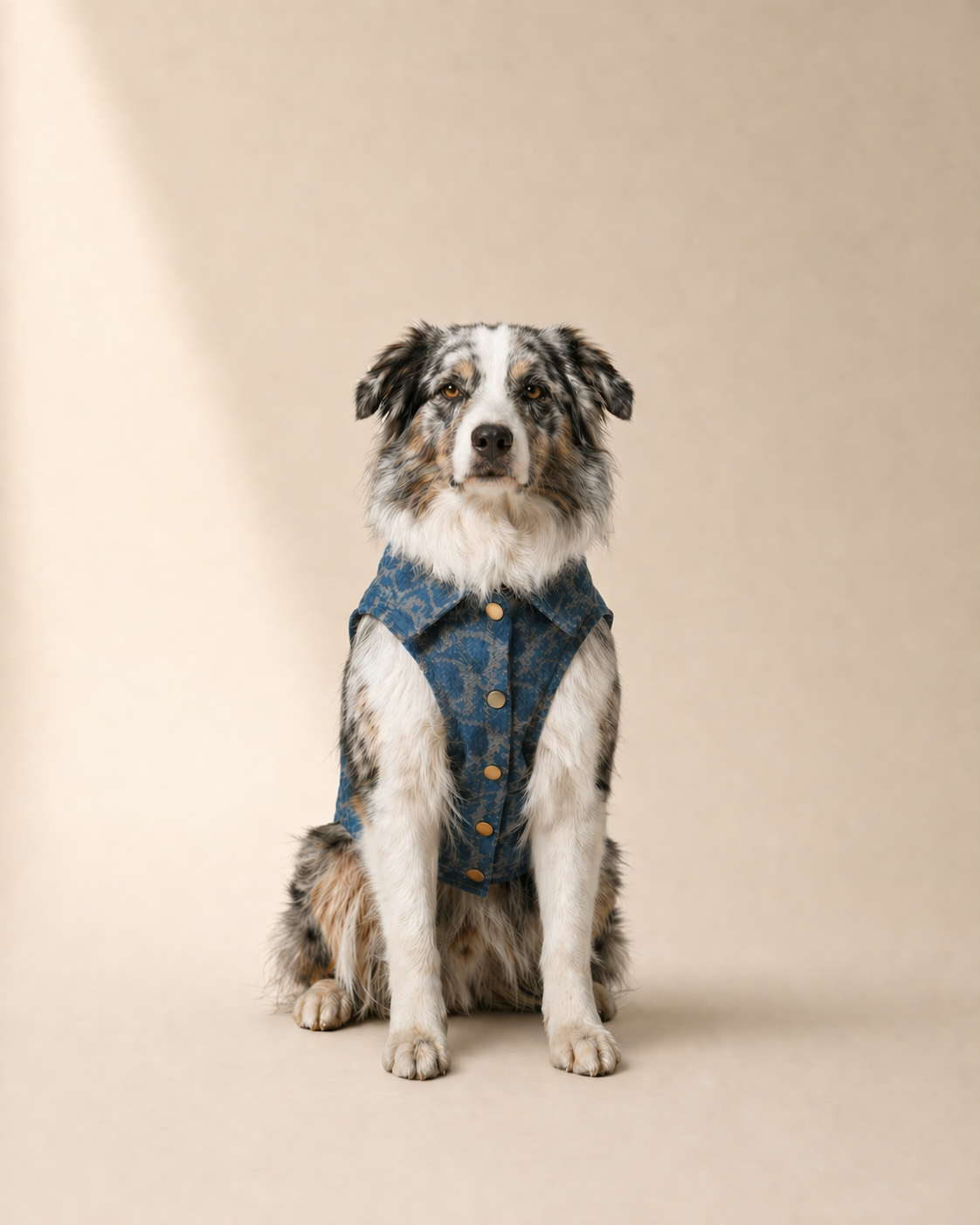 Dog wearing a denim vest sitting on a beige background